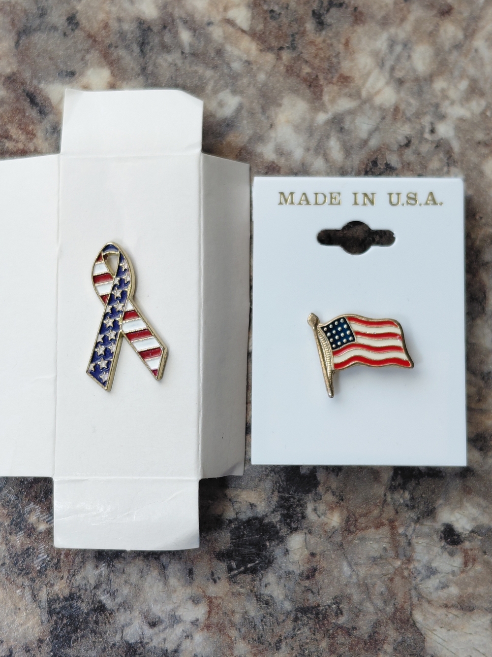 American Flag Ribbon & American Flag Set of 2 Vintage Patriotic USA Lapel Pins